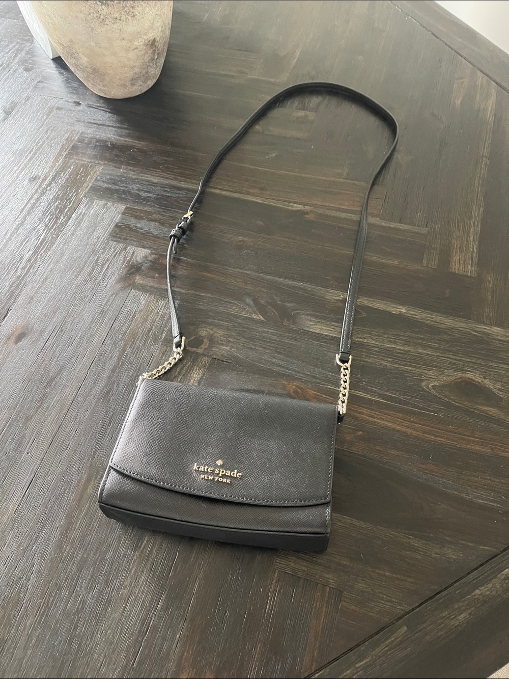kate spade black crossbody  with gold logo hardware